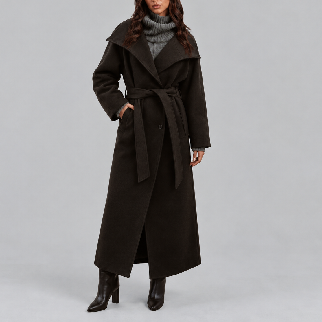Women's Long Coat, Belted Wrap with Wide Collar – Winter Fashion, Casual Outing