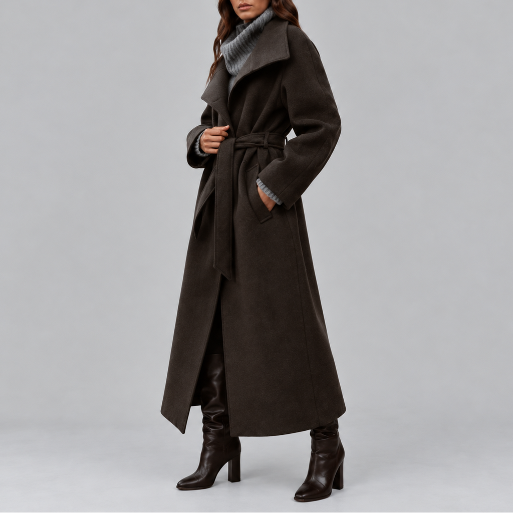 Women's Long Coat, Belted Wrap with Wide Collar – Winter Fashion, Casual Outing