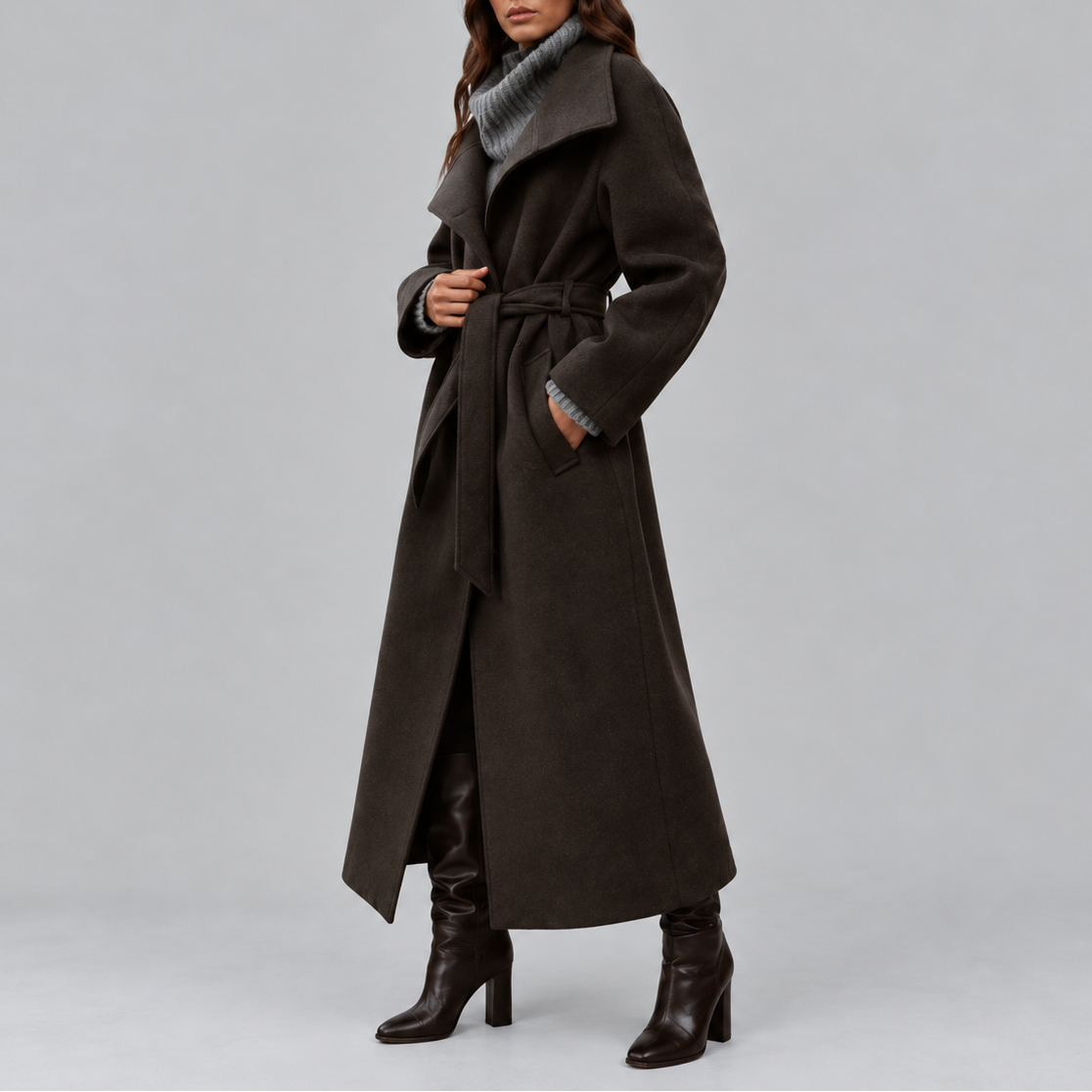 Women's Long Coat, Belted Wrap with Wide Collar – Winter Fashion, Casual Outing