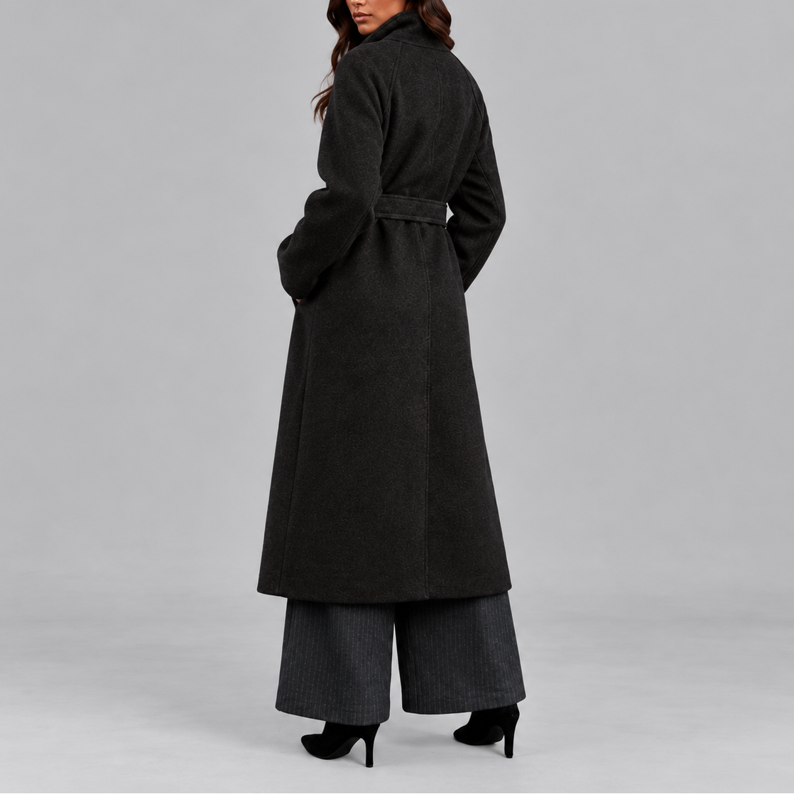Women's Long Coat, Belted Wrap with Wide Collar – Winter Fashion, Casual Outing