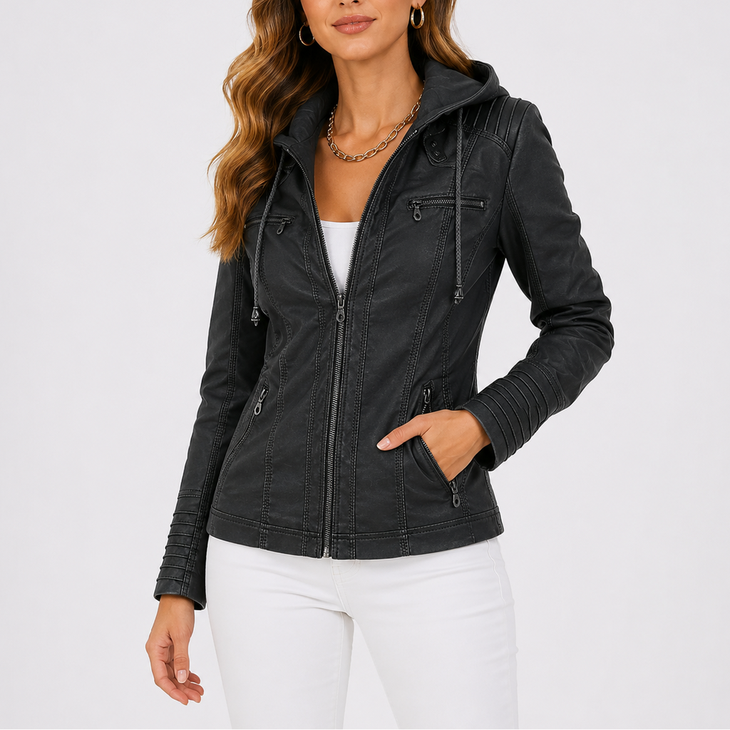 Women's Faux Leather Hooded Jacket with Zip Pockets – Casual, Everyday Wear