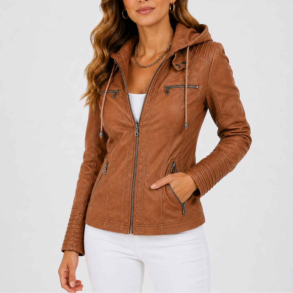 Women's Faux Leather Hooded Jacket with Zip Pockets – Casual, Everyday Wear