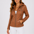 Women's Faux Leather Hooded Jacket with Zip Pockets – Casual, Everyday Wear