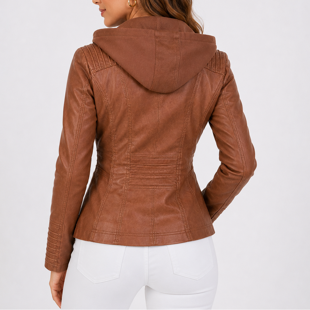 Women's Faux Leather Hooded Jacket with Zip Pockets – Casual, Everyday Wear