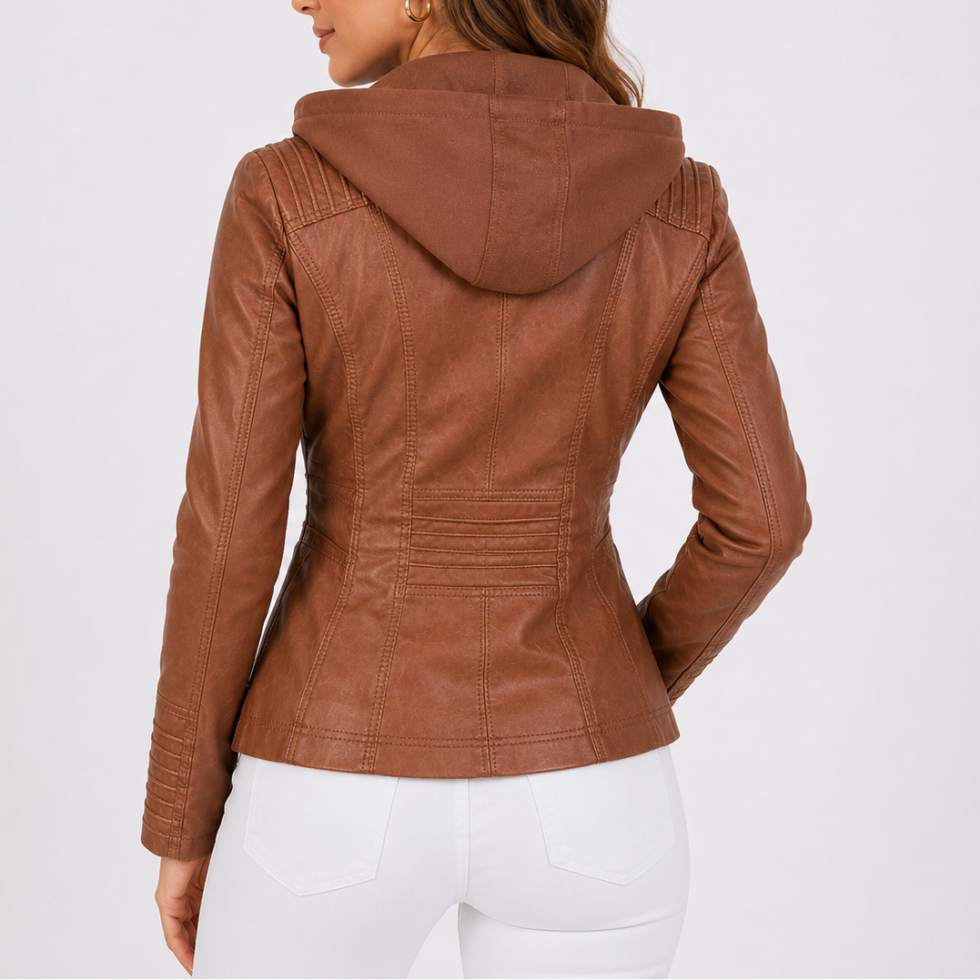 Women's Faux Leather Hooded Jacket with Zip Pockets – Casual, Everyday Wear