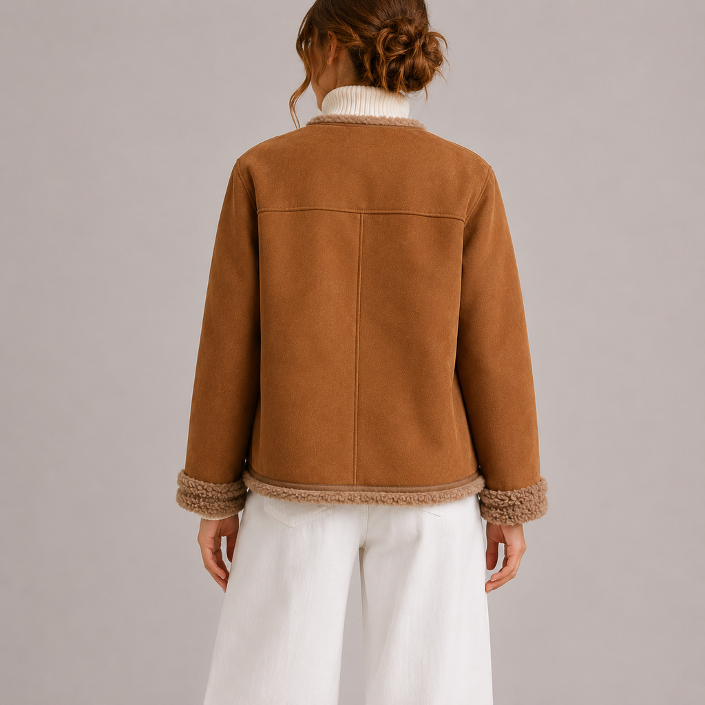 Women's Faux Suede Autumn Jacket with Shearling Trim – Casual Wear, Stylish Layering