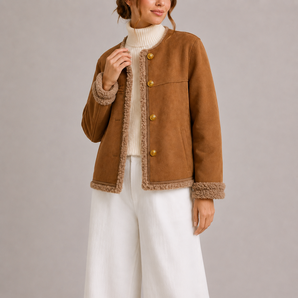 Women's Faux Suede Autumn Jacket with Shearling Trim – Casual Wear, Stylish Layering