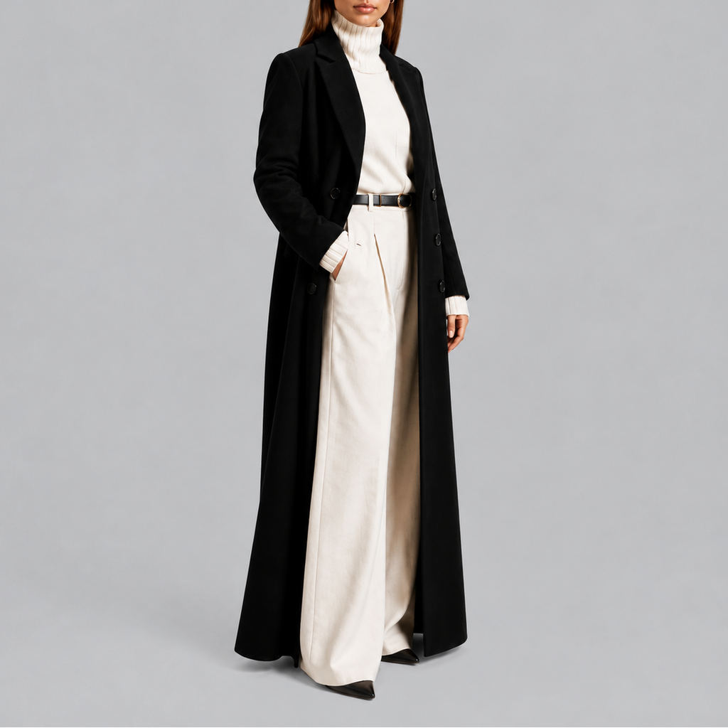 Women's Longline Double-Breasted Coat – Warm Winter Overcoat, Stylish Outerwear