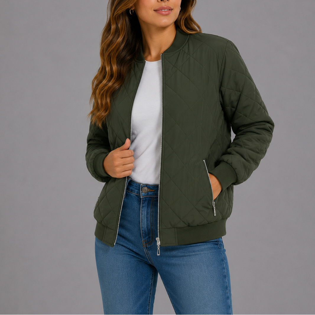 Women's Quilted Bomber Jacket with Pockets – Casual Wear, Outdoor Style
