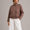 Women's Cropped Bomber Jacket with High Neck in Brown Polka Dot – Casual Wear, Stylish Layering