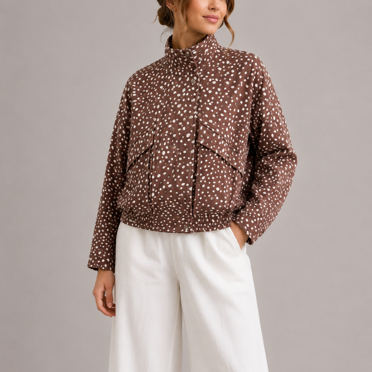 Women's Cropped Bomber Jacket with High Neck in Brown Polka Dot – Casual Wear, Stylish Layering