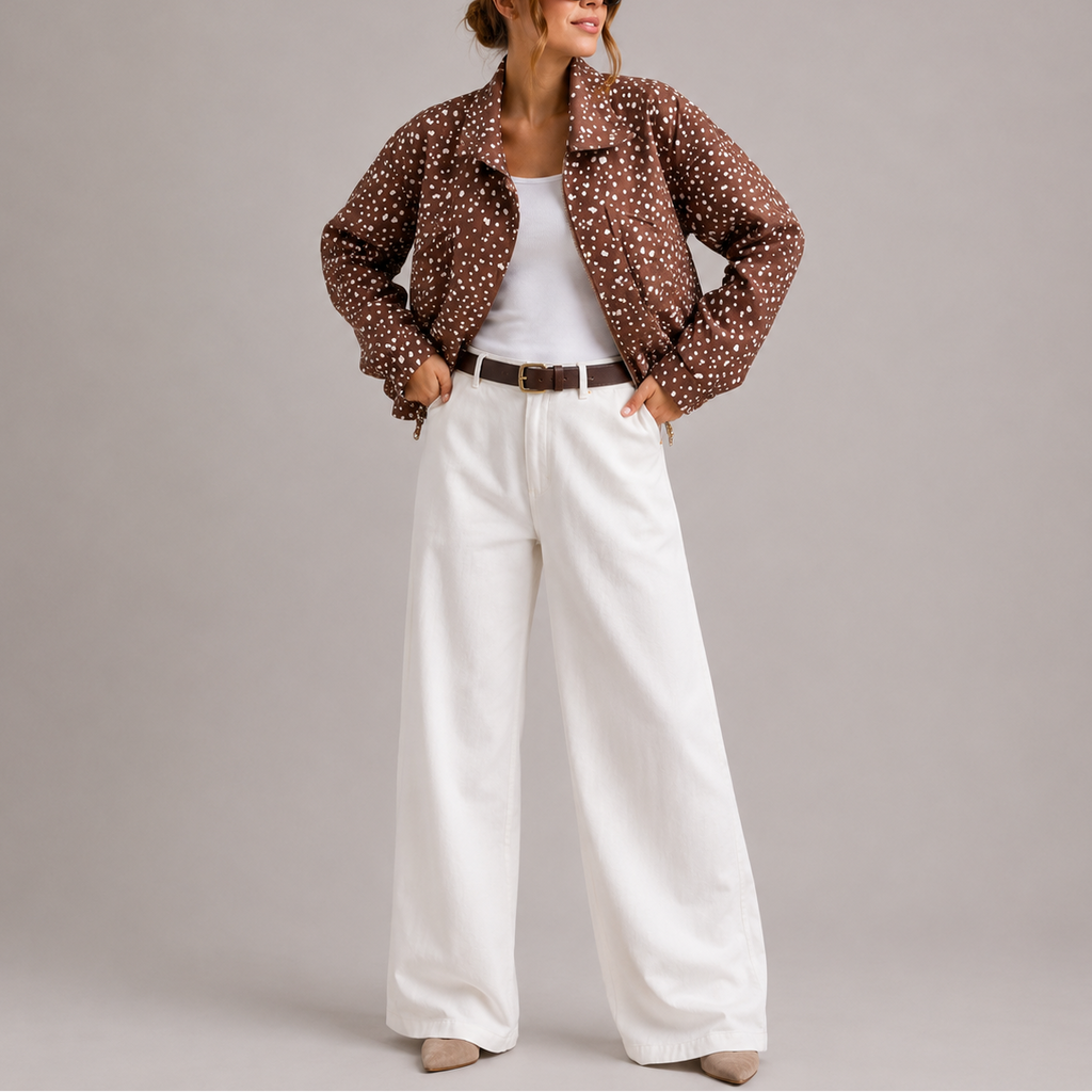 Women's Cropped Bomber Jacket with High Neck in Brown Polka Dot – Casual Wear, Stylish Layering