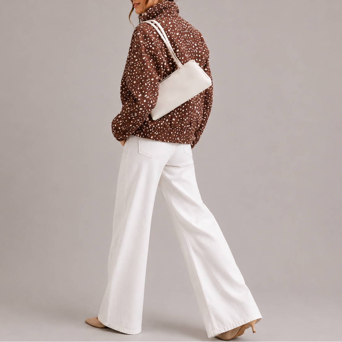 Women's Cropped Bomber Jacket with High Neck in Brown Polka Dot – Casual Wear, Stylish Layering