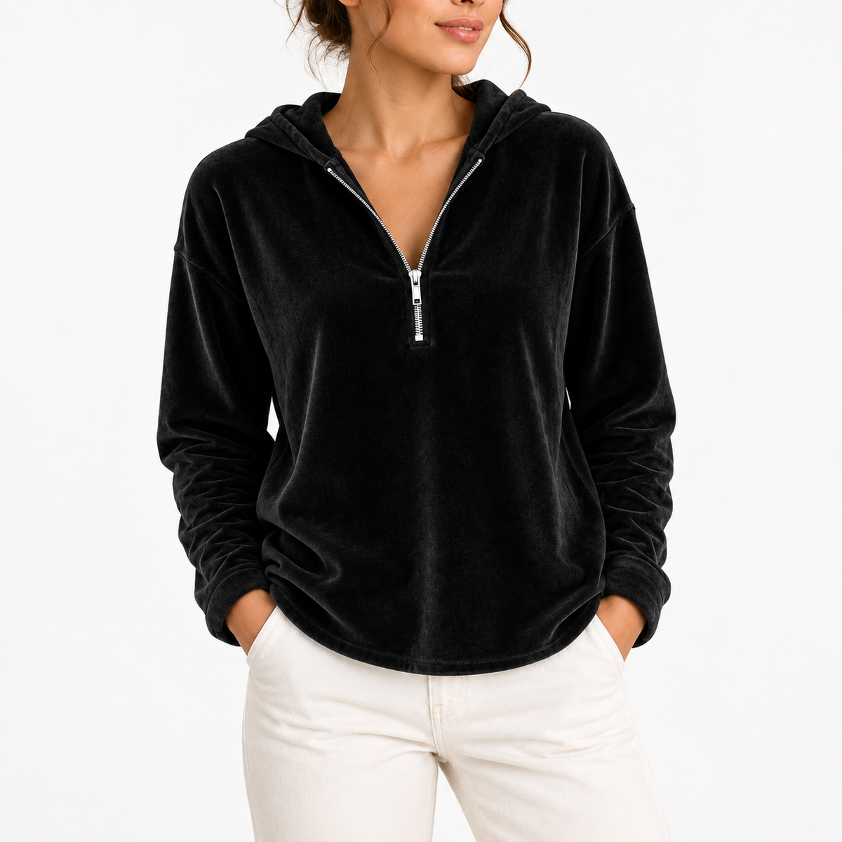 Women's Velvet Quarter-Zip Hoodie with Long Sleeves – Casual Wear, Everyday Comfort