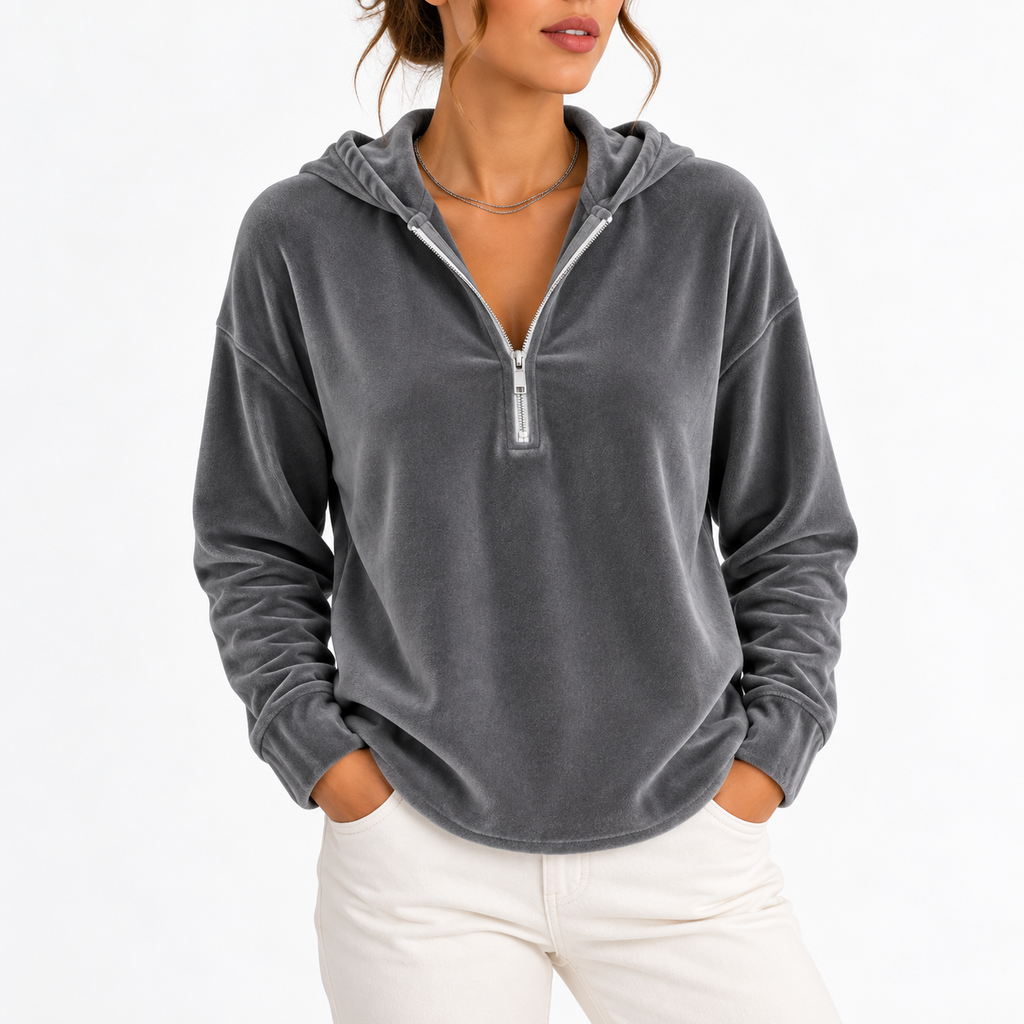 Women's Velvet Quarter-Zip Hoodie with Long Sleeves – Casual Wear, Everyday Comfort
