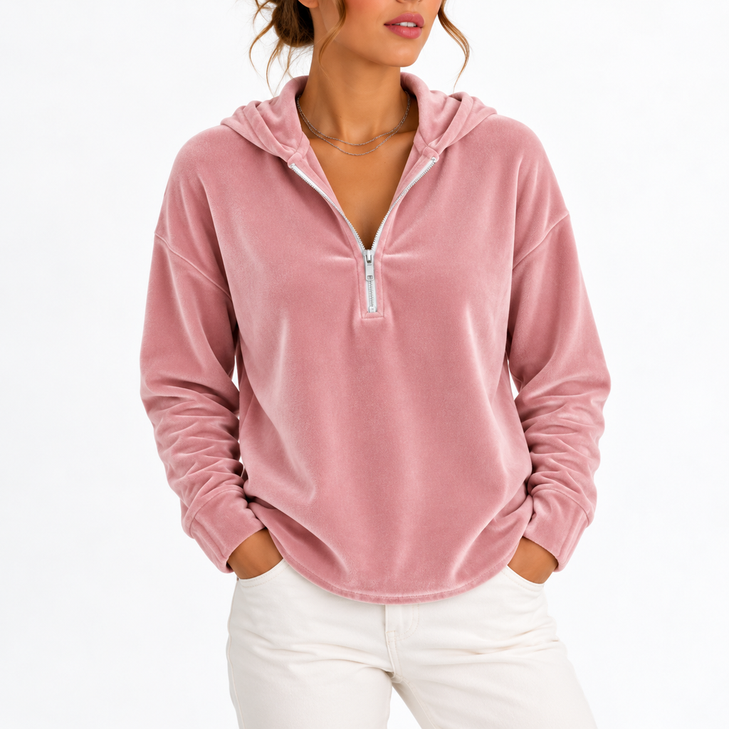 Women's Velvet Quarter-Zip Hoodie with Long Sleeves – Casual Wear, Everyday Comfort