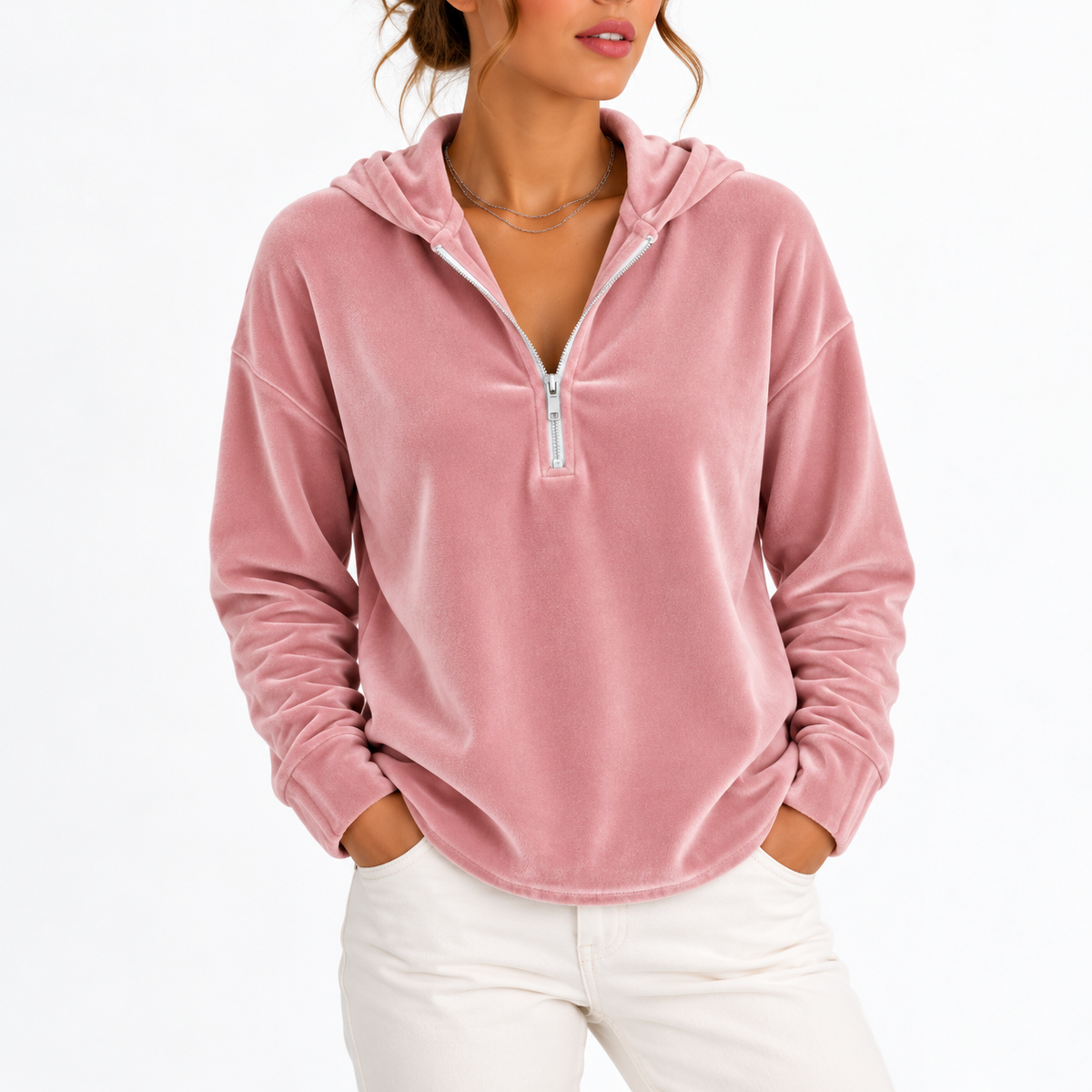Women's Velvet Quarter-Zip Hoodie with Long Sleeves – Casual Wear, Everyday Comfort