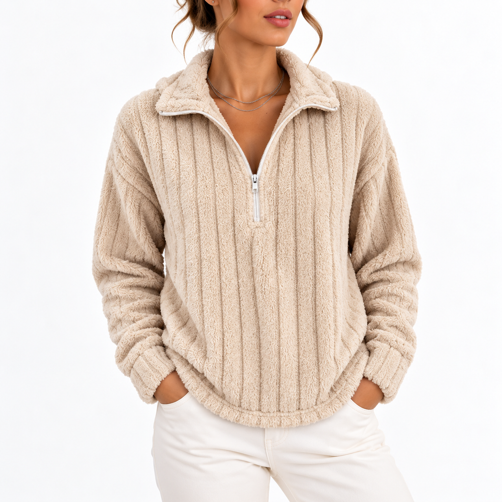 Women's Ribbed Half-Zip Fleece Jumper – Casual Wear, Layering