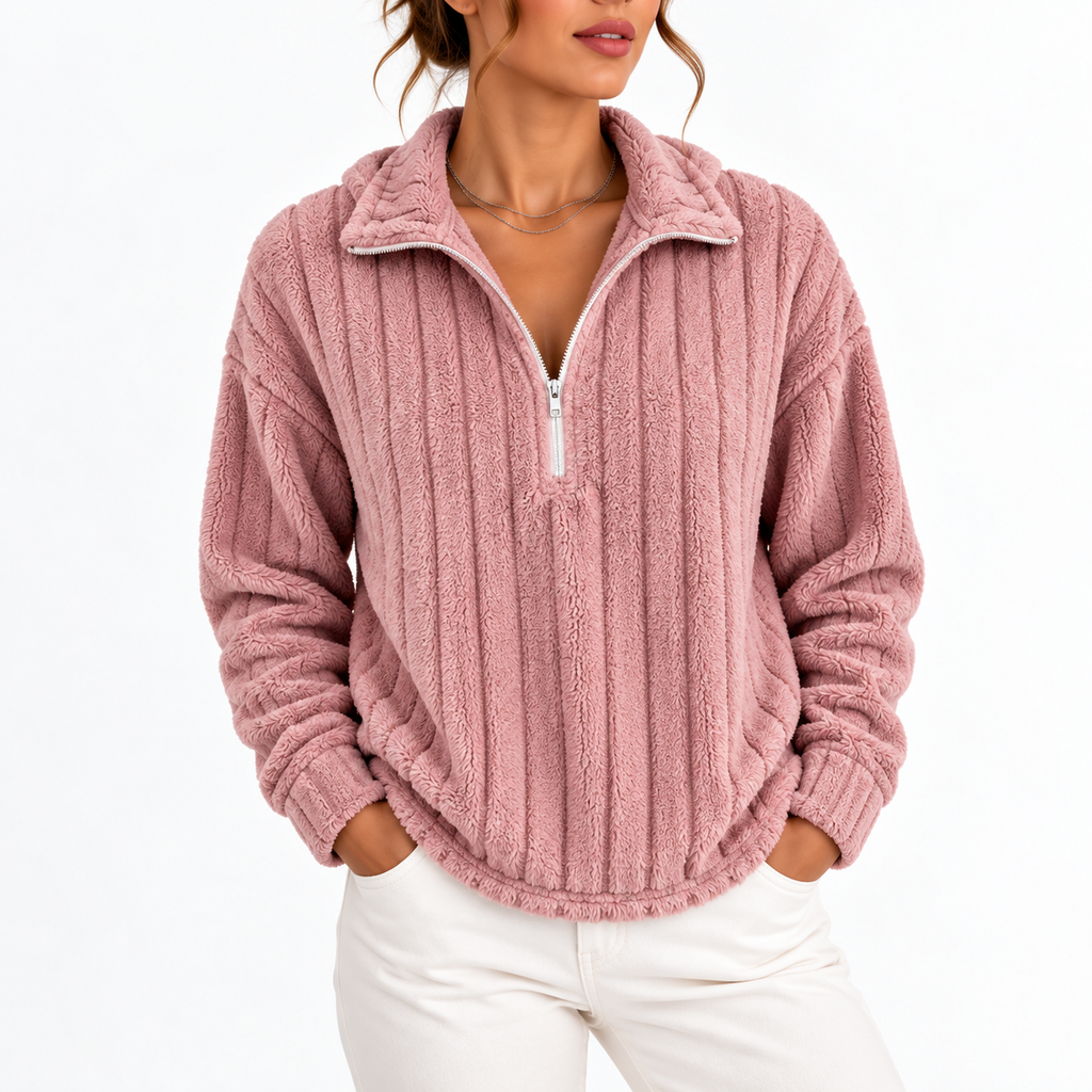Women's Ribbed Half-Zip Fleece Jumper – Casual Wear, Layering