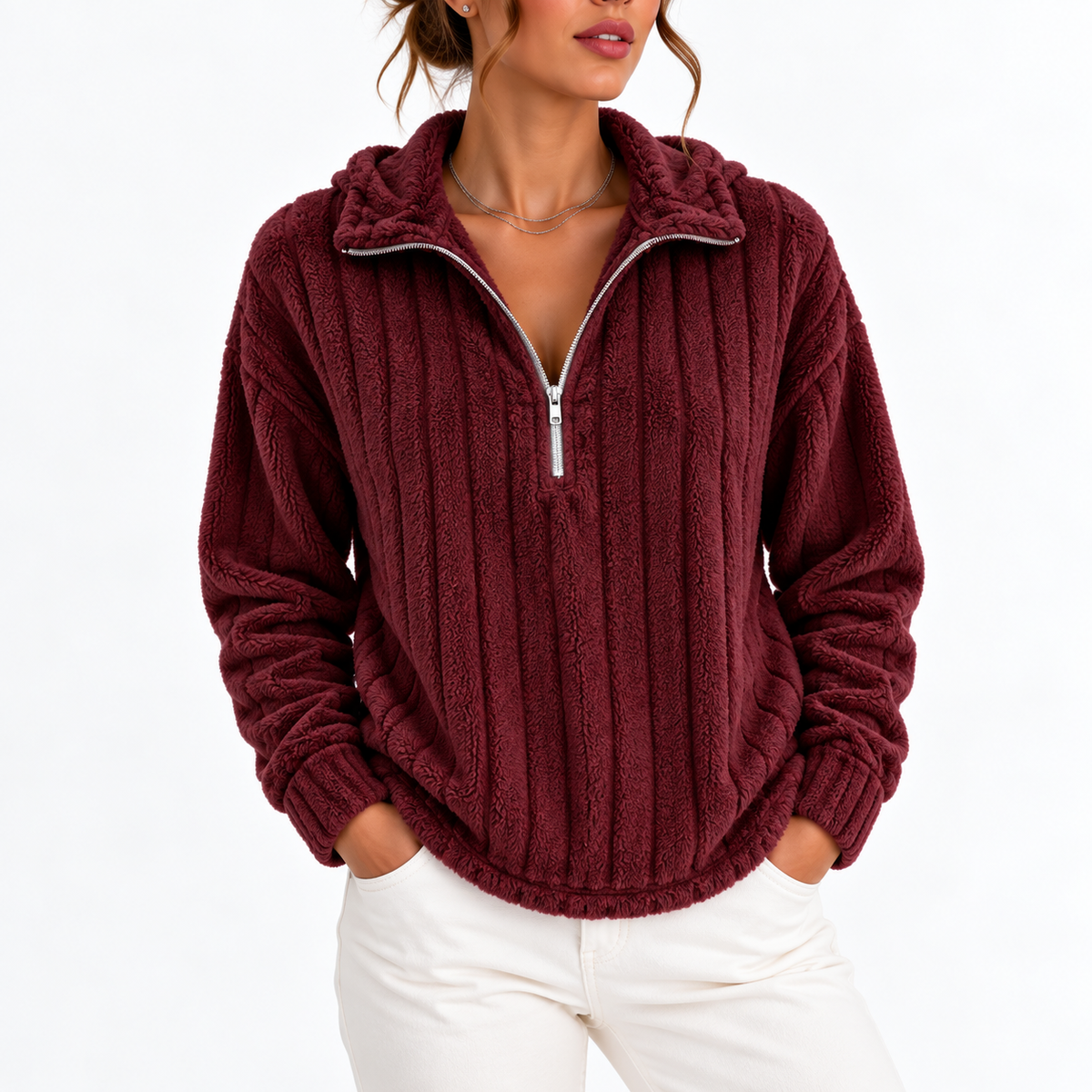 Women's Ribbed Half-Zip Fleece Jumper – Casual Wear, Layering