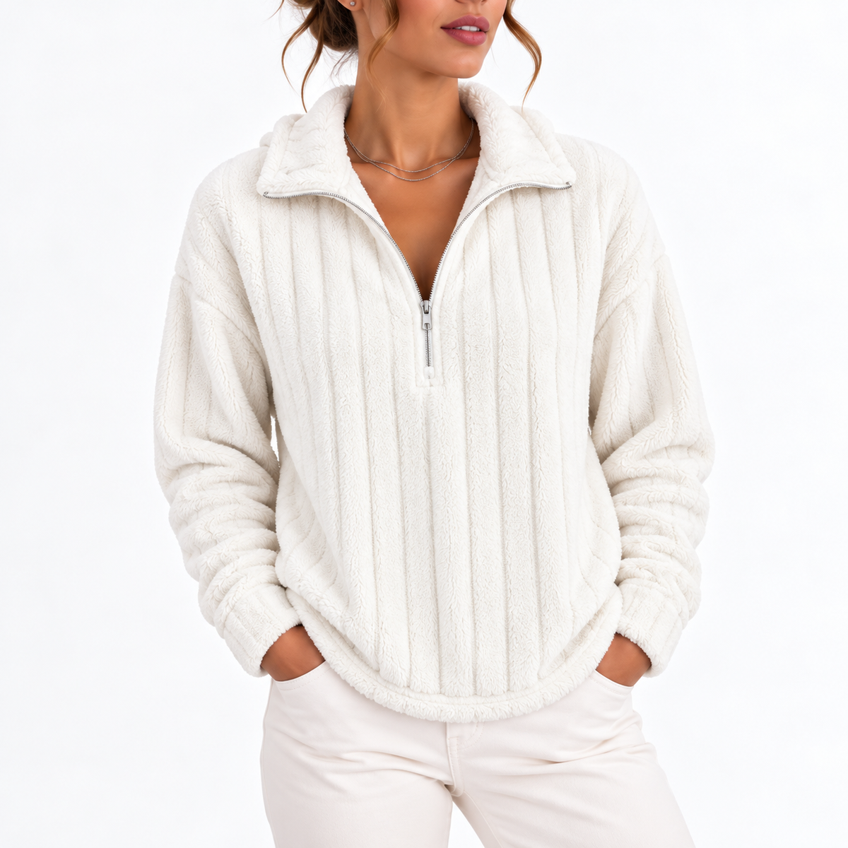 Women's Ribbed Half-Zip Fleece Jumper – Casual Wear, Layering