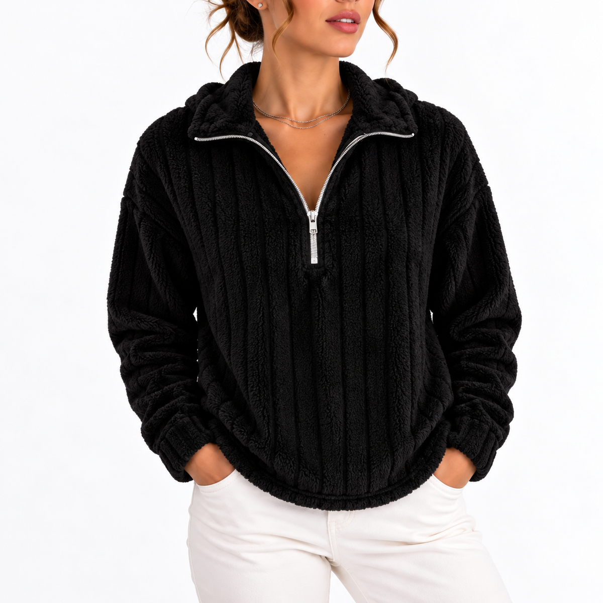 Women's Ribbed Half-Zip Fleece Jumper – Casual Wear, Layering