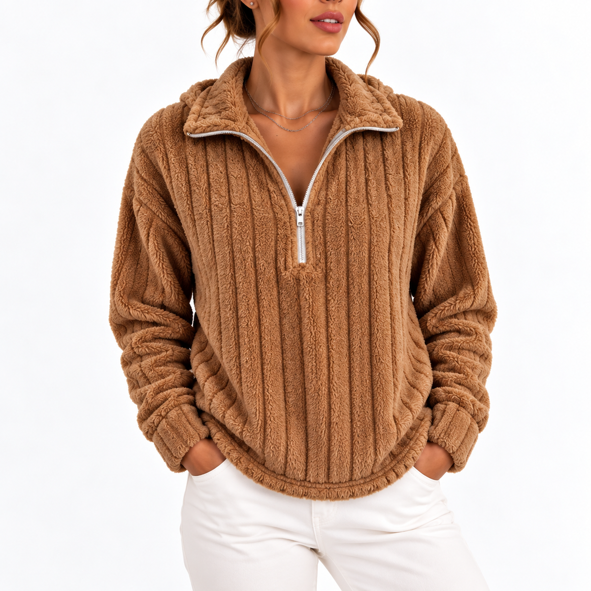 Women's Ribbed Half-Zip Fleece Jumper – Casual Wear, Layering