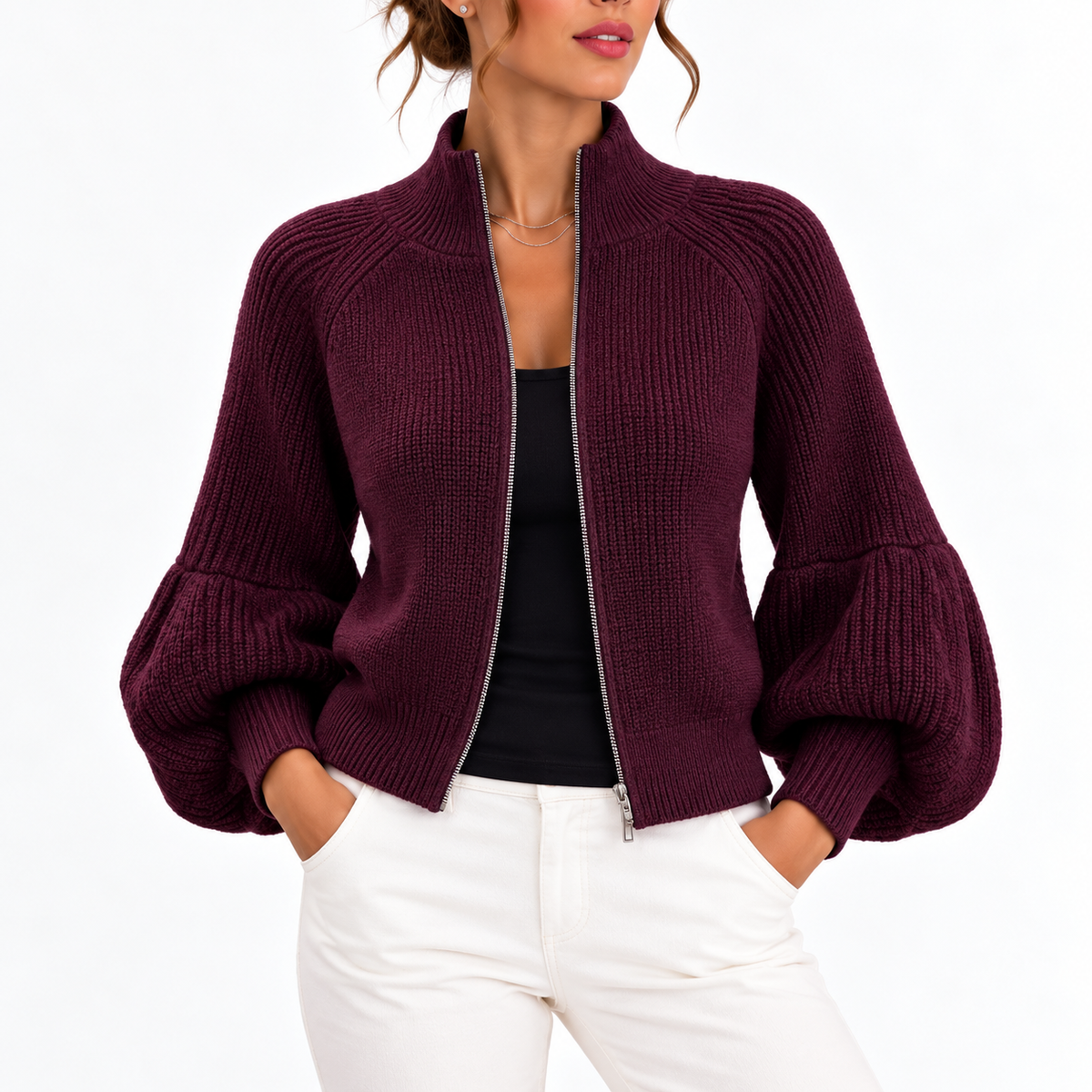 Women's Cropped Knit Jumper with Puff Sleeves and High Collar – Casual Wear, Everyday Style