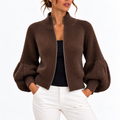 Women's Cropped Knit Jumper with Puff Sleeves and High Collar – Casual Wear, Everyday Style
