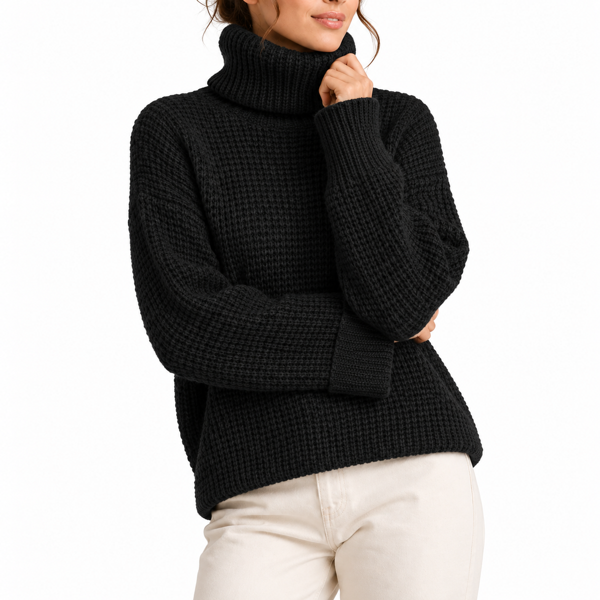 Women’s Oversized Turtleneck Sweater with Waffle Knit Texture