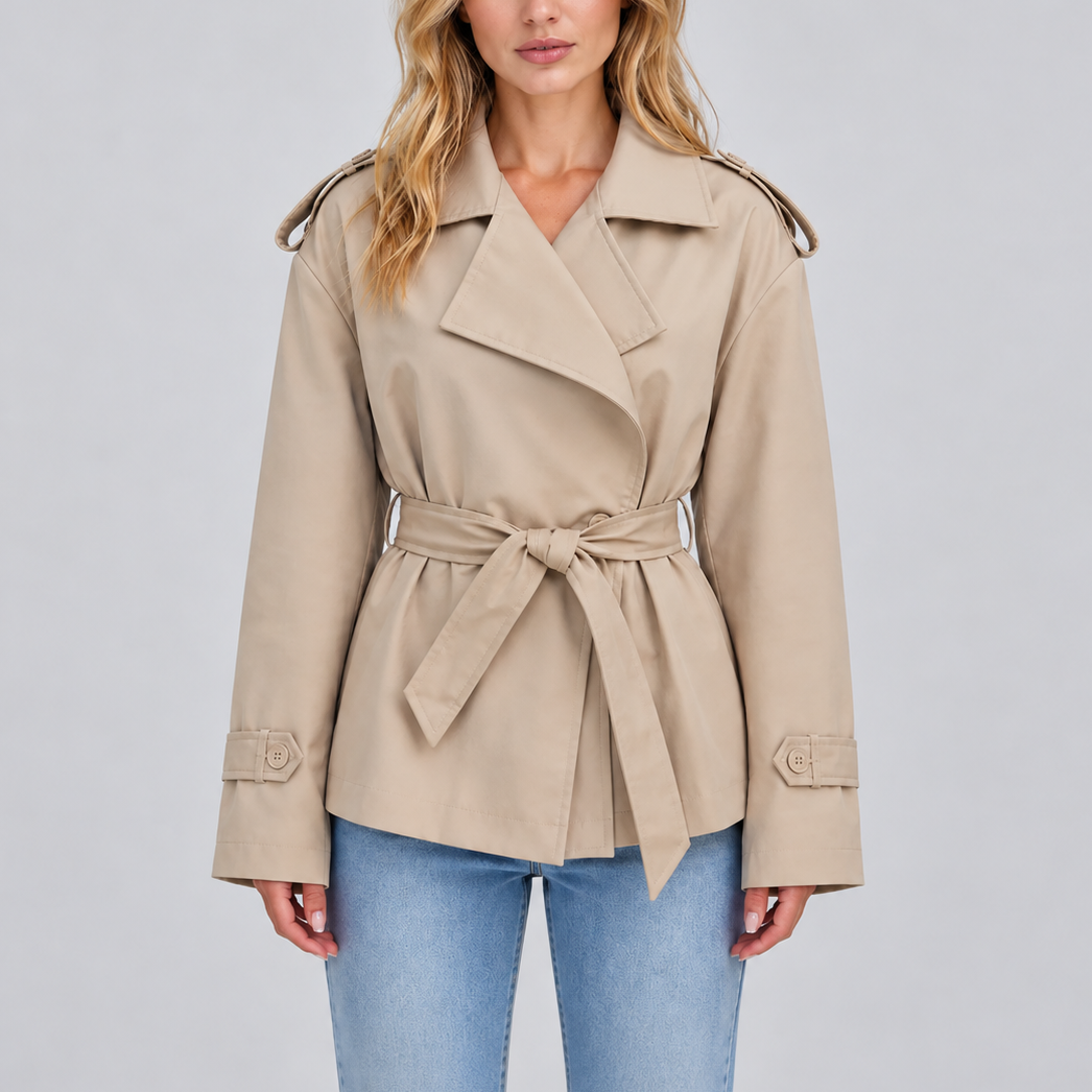 Women’s Double-Breasted Trench Coat with Belt – Casual, Office Wear