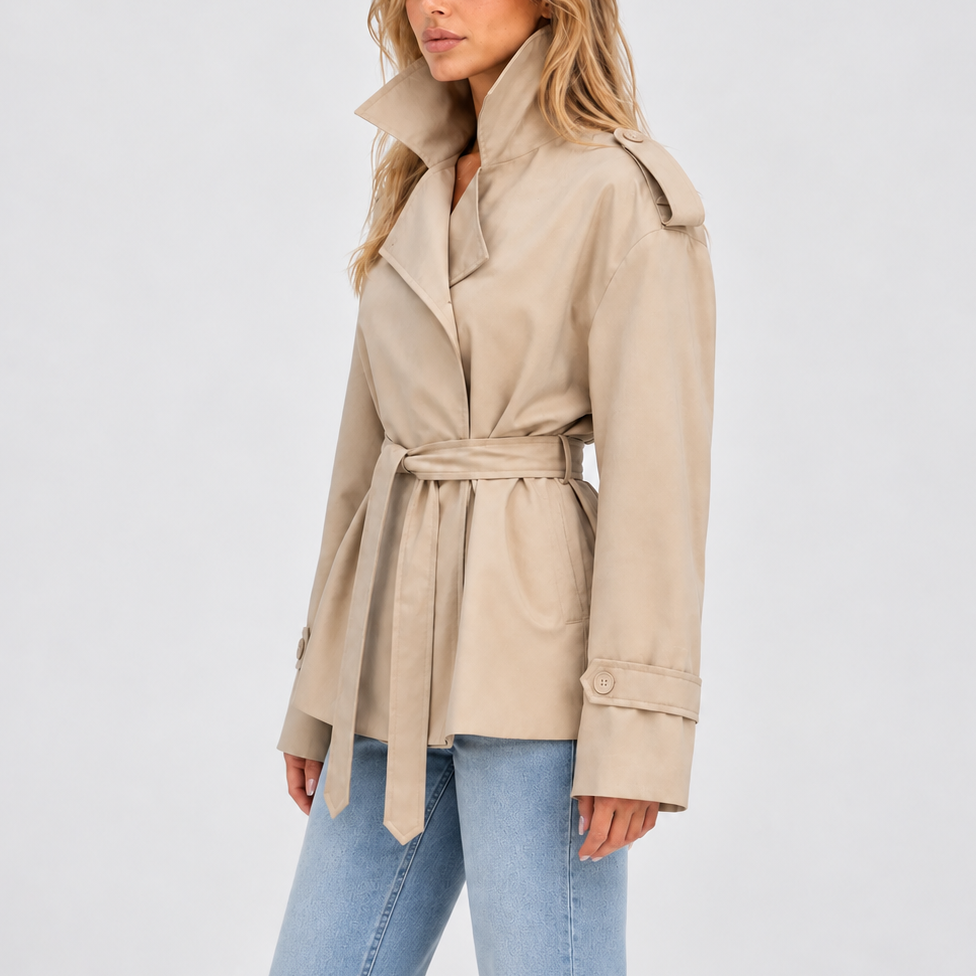 Women’s Double-Breasted Trench Coat with Belt – Casual, Office Wear