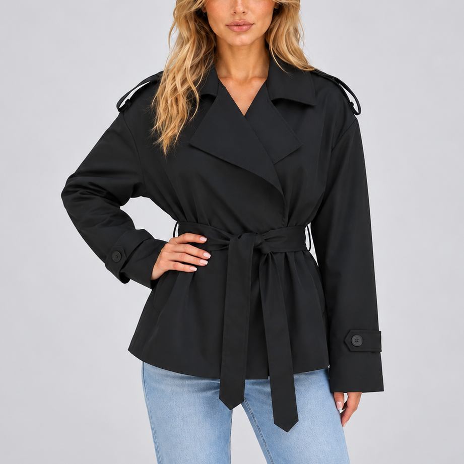 Women’s Double-Breasted Trench Coat with Belt – Casual, Office Wear