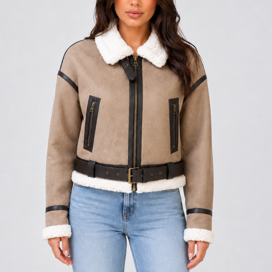 Women’s Cropped Aviator Jacket with Teddy Lining – Casual, Winter Wear