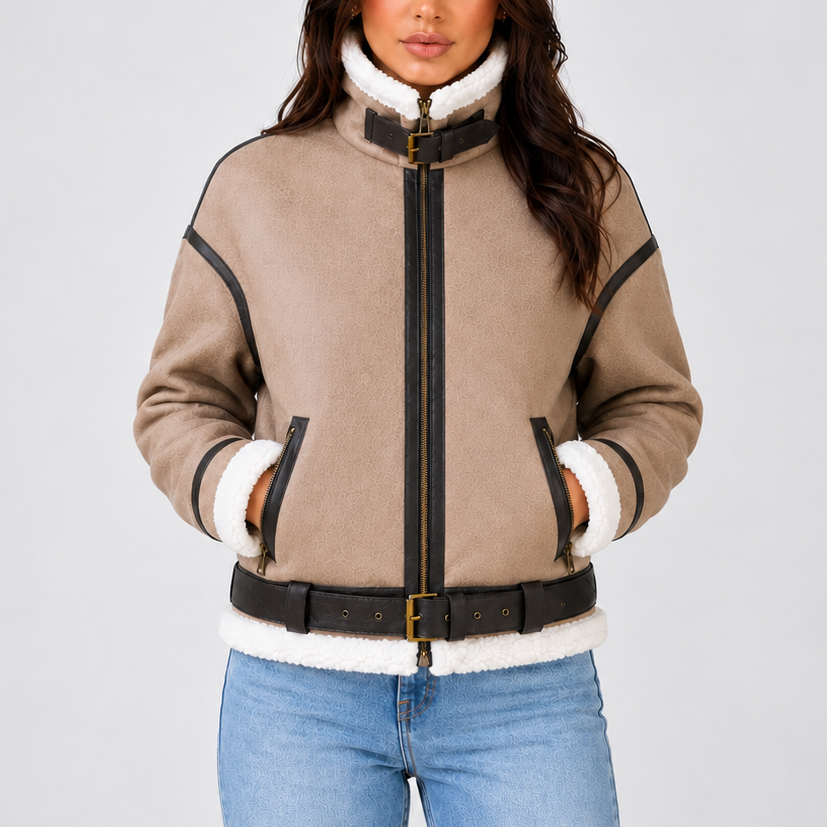 Women’s Cropped Aviator Jacket with Teddy Lining – Casual, Winter Wear