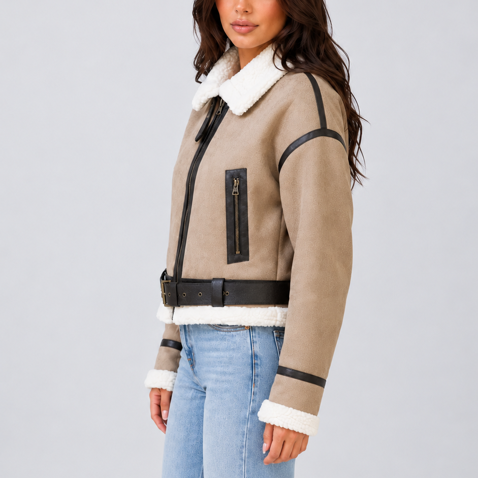 Women’s Cropped Aviator Jacket with Teddy Lining – Casual, Winter Wear