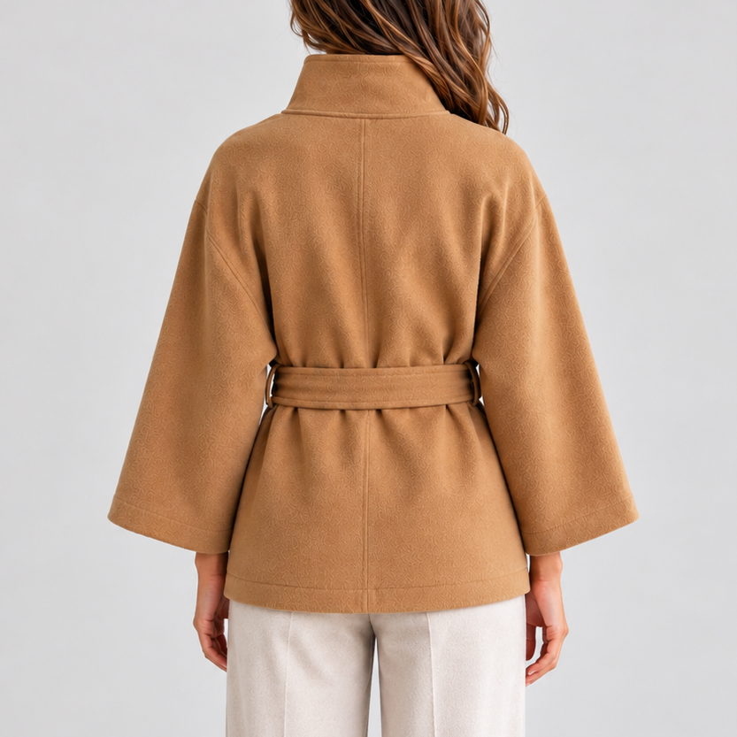Belted Cape Jacket for Women with Stand Collar – Casual, Office Wear