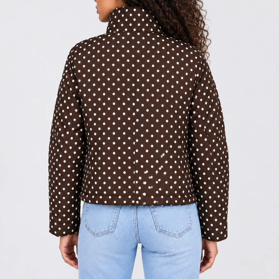 Women’s Cropped Jacket with High Collar, Polka Dot Design – Casual, Layering