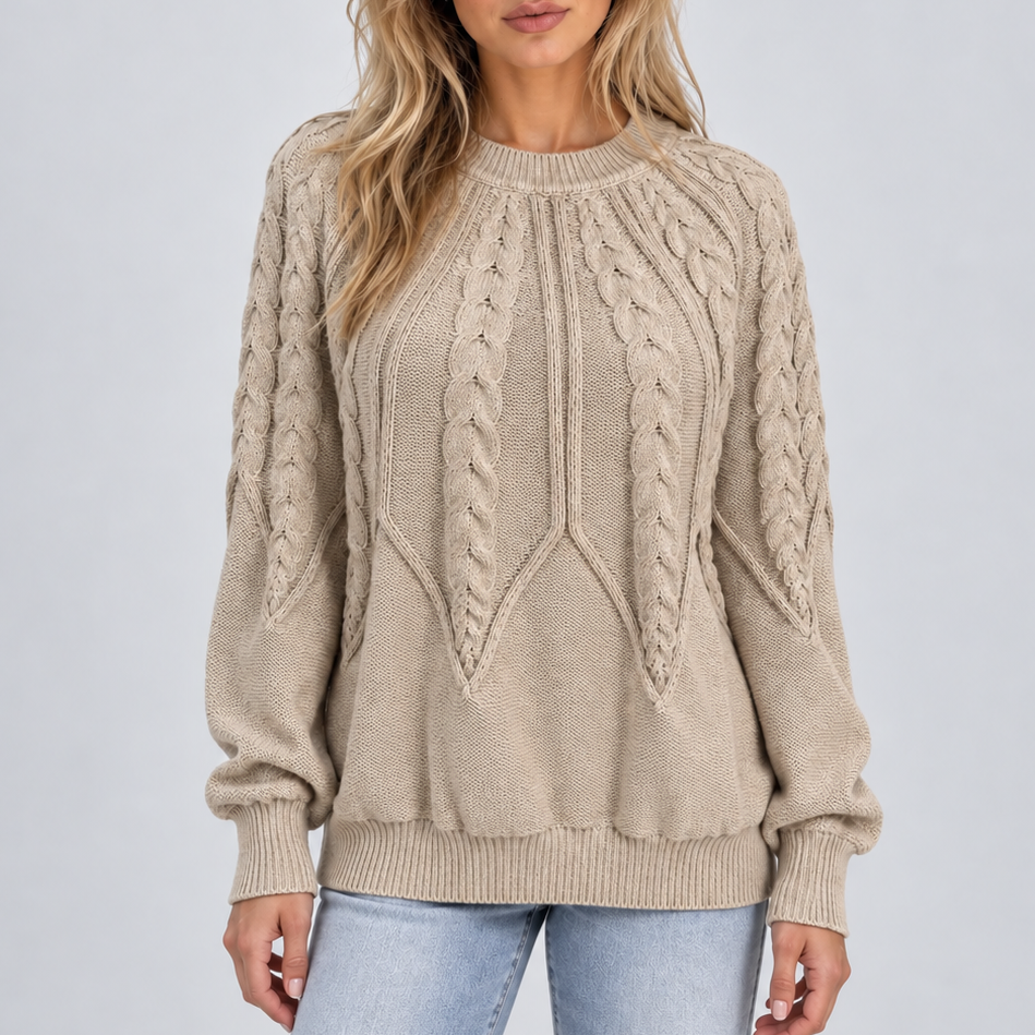 Women's Cable Knit Jumper with Balloon Sleeves – Casual Wear, Everyday Comfort