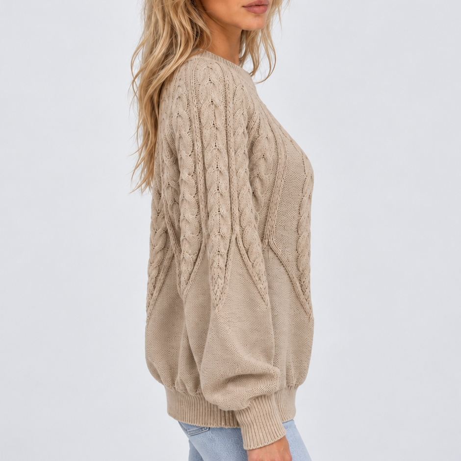 Women's Cable Knit Jumper with Balloon Sleeves – Casual Wear, Everyday Comfort