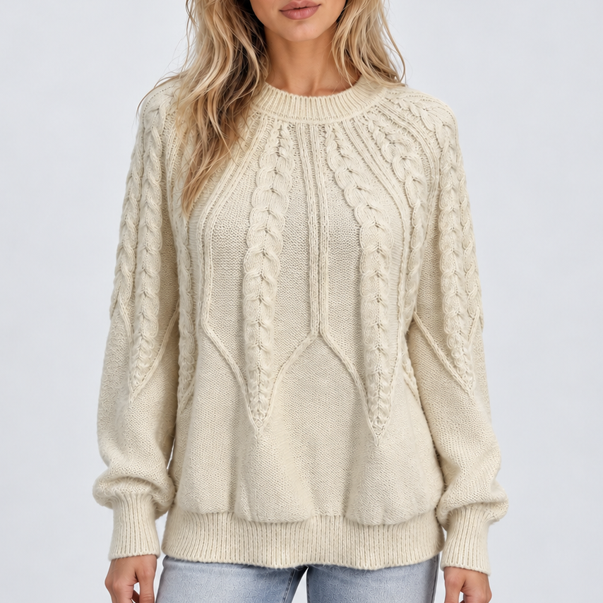 Women's Cable Knit Jumper with Balloon Sleeves – Casual Wear, Everyday Comfort
