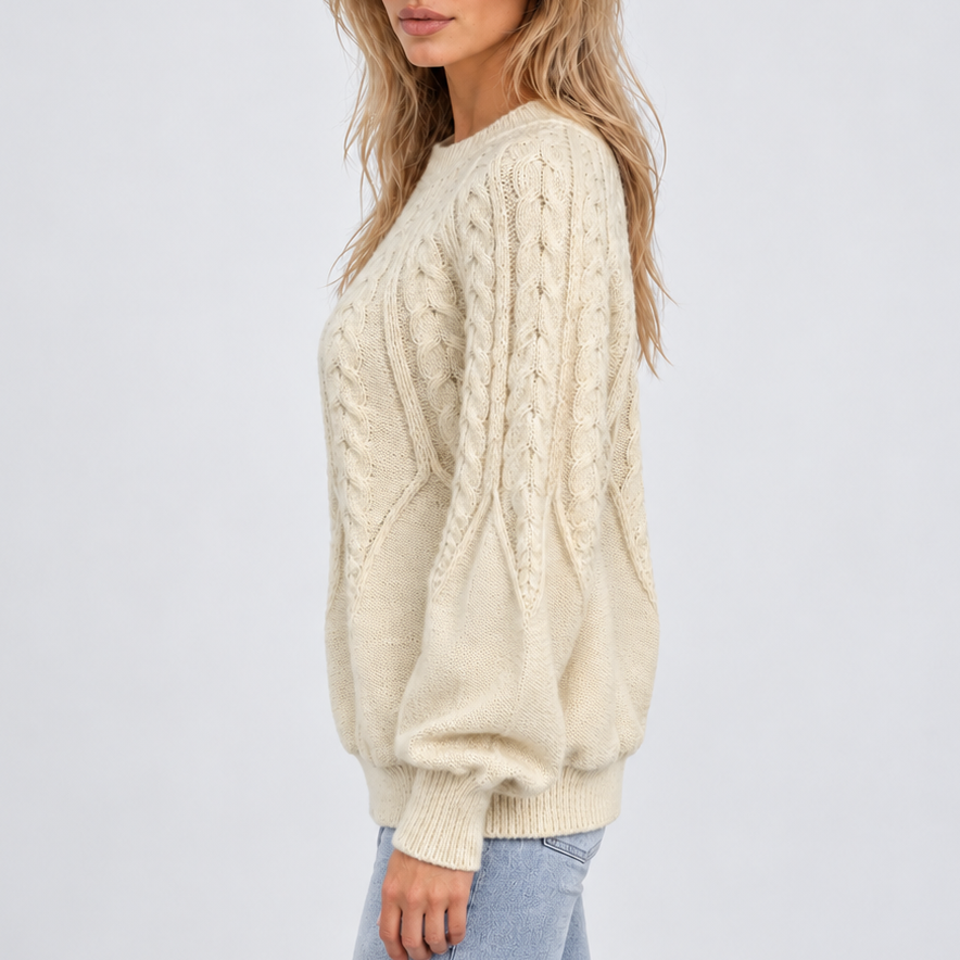 Women's Cable Knit Jumper with Balloon Sleeves – Casual Wear, Everyday Comfort