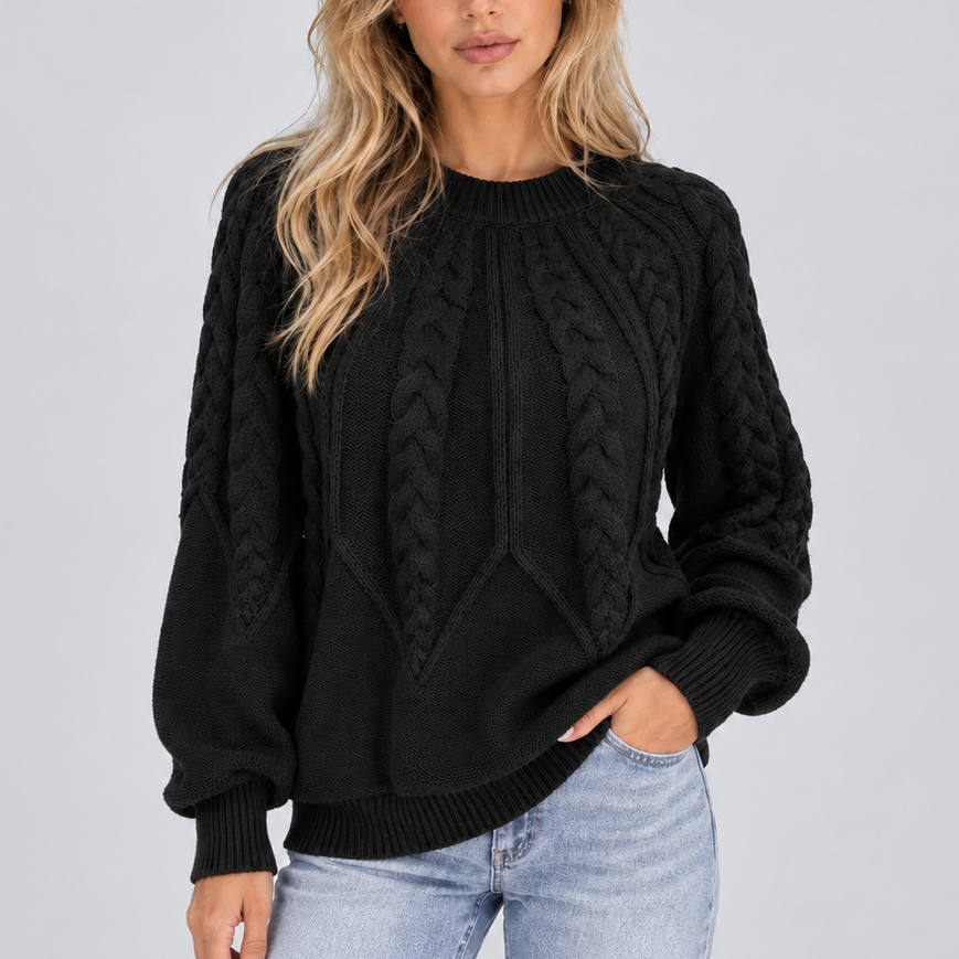 Women's Cable Knit Jumper with Balloon Sleeves – Casual Wear, Everyday Comfort