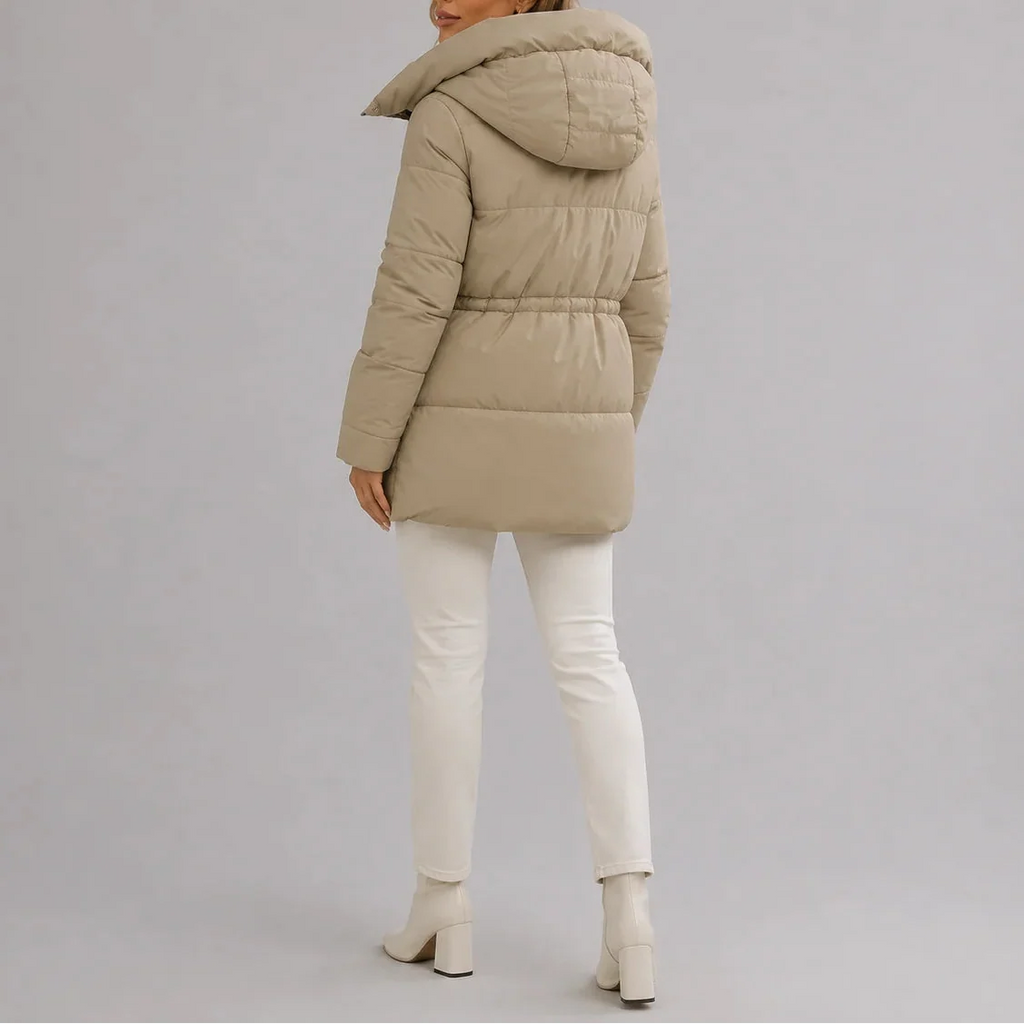 Women's Hooded Puffer Coat with Drawstring Waist – Casual Wear, Outdoor Activities