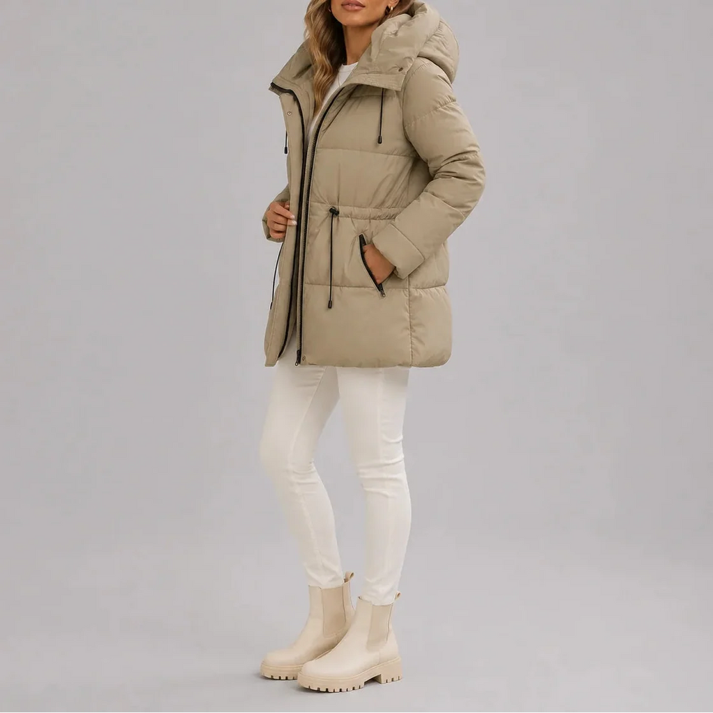 Women's Hooded Puffer Coat with Drawstring Waist – Casual Wear, Outdoor Activities