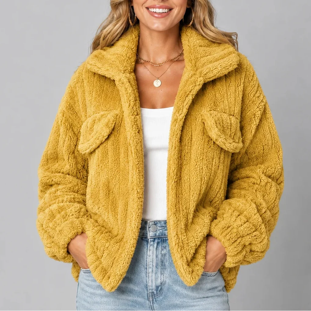 Women's Teddy Fleece Jacket with Wide Collar and Relaxed Fit