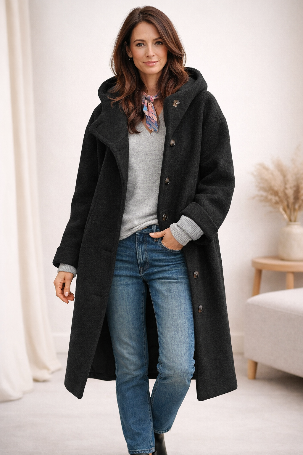 Elegant Green Coat with Hood – Casual Wear, Everyday Style