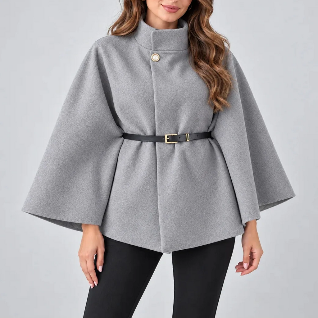 Women's High Neck Cape Coat, Belted Wool Look – Stylish Layering, Everyday Wear