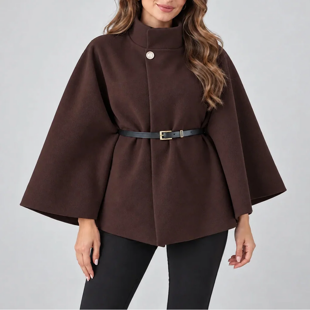 Women's High Neck Cape Coat, Belted Wool Look – Stylish Layering, Everyday Wear