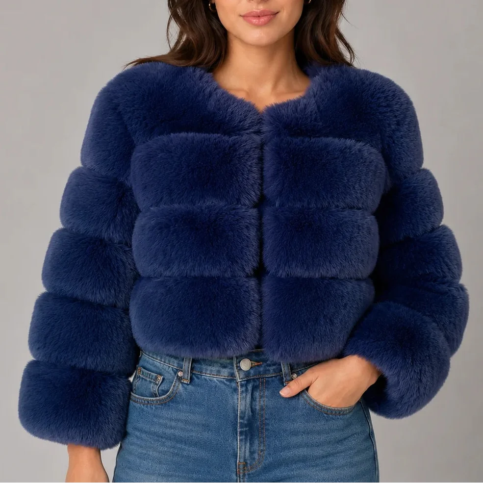 Women's Cropped Fur Look Jacket with Round Neck & Long Sleeves
